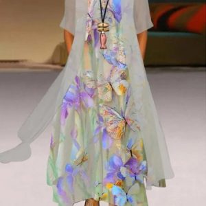 Butterfly Printed Casual Round Neck Dress With Coat Two-Piece Set, Suit Set, color:As Picture|size:XXL, JustFashionNow