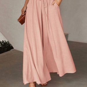 JFN Loose Plain Casual Elastic Band Flare Leg Pants, Pants, color:Nudepink|size:XXL, JustFashionNow