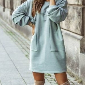 Long sleeve Casual Plain Loose Crew Neck Dress, Mini Dresses, color:Blue|size:XXL, Stylewe