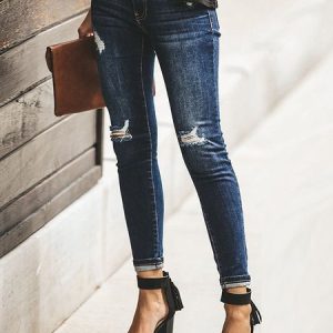Casual Ripped Denim Jeans Slim Fit Women's Clothing, Jeans, color:Blue|size:XXL, JustFashionNow