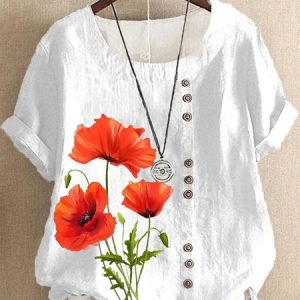 Floral Casual Crew Neck Buttoned Shirt, Shirts & Blouses, color:White|size:XXL, JustFashionNow