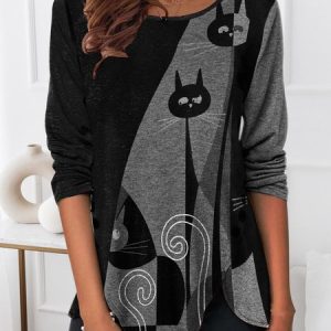Black and White Cat Crew Neck Loose T-Shirt, T-Shirts, color:Black|size:XXL, JustFashionNow
