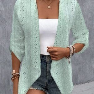 Casual Plain Knitted Shawl Collar Kimono, Cardigans, color:Green|size:XXL, JustFashionNow