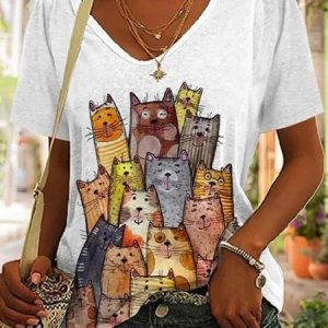 Women's Fun Colored Cat Print V-Neck Top, T-Shirts, color:White|size:XXL, JustFashionNow