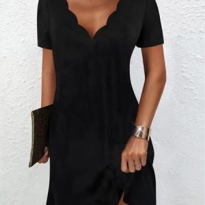 Casual Solid V neck Short Sleeve Knit Dress, Short, color:Black|size:XS, Noracora