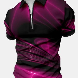 Men's Colorful Aurora Abstract Art Business Printing Regular Fit Casual Random Print Polo Collar Polo Shirt, T-shirts, Lilicloth.com