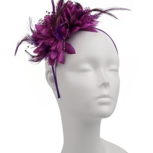 Floral Mesh Faux Feather Beading Party Hair Hoop, Headdress, color:Burgundy|size:One-size, Stylewe