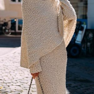 Plain Loose Urban Cold Shoulder Sweater, Sweaters, color:Apricot|size:XXL, Stylewe