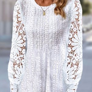 Crew Neck Casual Loose Lace Shirt, Shirts & Blouses, color:White|size:XXL, JustFashionNow