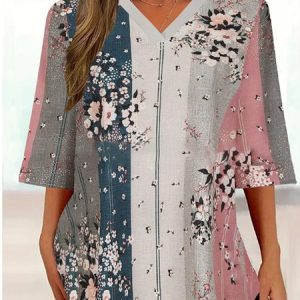 Casual Floral V Neck Regular Fit T-Shirt, T-Shirts, color:flower|size:3XL, JustFashionNow
