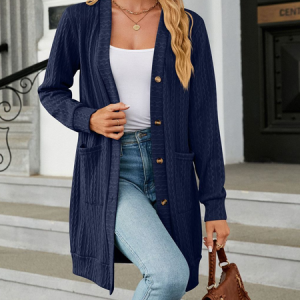 Long Sleeve Plain Regular Micro-Elasticity Loose Kimono For Women, Kimono, color:Navyblue|size:XXL, Noracora