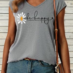 Women's Be Happy It Drives People Crazy V Neck Casual Tank Top, color:Gray|size:3XL, Lilicloth.com