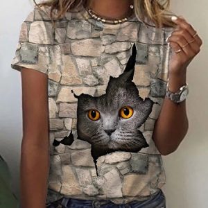 Casual Cat Pattern Regular Pullover Round Neck Short Sleeve T-Shirt Daily Ladies Clothing, T-Shirts, color:Yellow|size:3XL, JustFashionNow