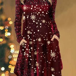 Snowflake Printed Long-Sleeve Comfortable Women’s Dress, Dresses, color:Red|size:XXL, JustFashionNow