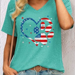 womens Heart Paw Print Patriotic Cat Dog Lover V Neck Casual T-Shirt, color:Green|size:3XL, Lilicloth.com