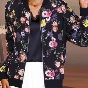 Wrap Long Sleeve Floral Zipper Regular Loose Jacket For Women, Jackets, color:Multicolor|size:5XL, Noracora