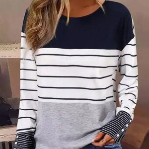 Striped Buttoned Casual T-Shirt, T-Shirts, color:Dark Blue|size:XXL, JustFashionNow