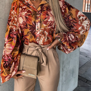 Shawl Collar Long Sleeve Floral Regular Loose Blouse For Women, Shirts, color:Orange|size:XL, Noracora