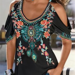 Boho Printed V Neck Off Shoulder Cold Shoulder Cotton Blend Short Sleeve Tunic Top, Blouses, color:Black|size:3XL, Noracora