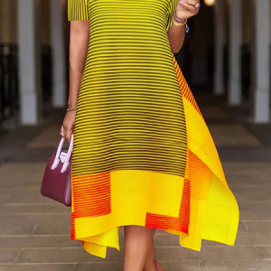 Lightweight Plus Size Crew Neck Geometric Elegant Dress, Plus Dresses, color:Yellow|size:4X, Stylewe