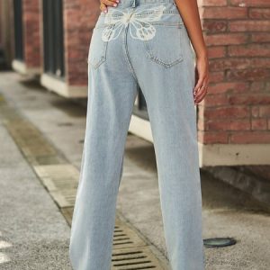 Denim Trendy Butterfly Pattern Women's Jeans, Jeans, color:Light Blue|size:XL, JustFashionNow