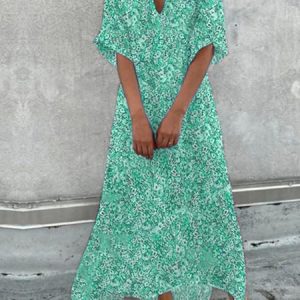 Casual V Neck Cotton Loose Dress, Maxi, color:Green|size:XXL, catalog Noracora shop
