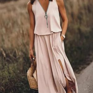 Sleeveless Zipper Slit Maxi Dress, Maxi Dresses, Roselinlin - Online Catalog