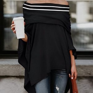 Boat Neck Loose Urban Long Sleeve Shirt, Blouses and Shirts, color:Black|size:XXL, Stylewe