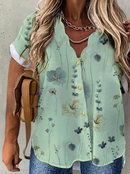 Plus Size Printing Casual Loose Floral Blouse, Shirts & Blouses, color:Green|size:4X, JustFashionNow
