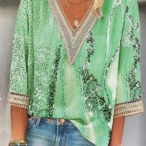 Loose Abstract Print V Neck Casual Shirt, Blouses, color:Green|size:XXL, Noracora