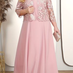 Women Plain Crew Neck Three Quarter Sleeve Comfy Party Lace Coat With Skirt Two-Piece Set, SET, color:Pink|size:5XL, Noracora