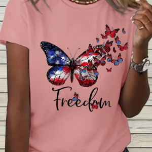 Women's Butterfly Inspirational Freedom 4th Of July Cotton T-Shirt, color:Pink|size:3XL, Lilicloth.com