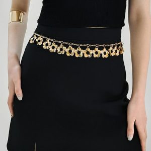Personalized Metal Flower Pendant Gold Chain Belt, Belts, color:Golden|size:One-size, Stylewe