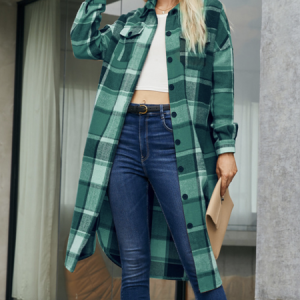 Shirt Collar Long Sleeve Plaid Regular Loose Coat For Women 2023, Coats, color:Green|size:3XL, Noracora