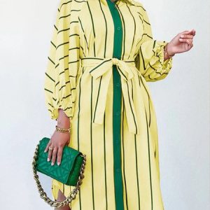 Elegant Loosen Shirt Collar Striped Color Block  Dress, Midi Dresses, color:Yellow|size:XXL, Stylewe