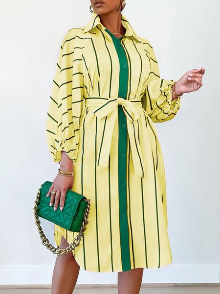 Elegant Loosen Shirt Collar Striped Color Block Dress, Dresses, color:Yellow|size:XXL, Stylewe