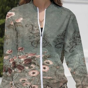 Crew Neck Long Sleeve Floral Zipper Regular Loose Parker Jacket For Women, Jackets, color:Green|size:XL, Noracora