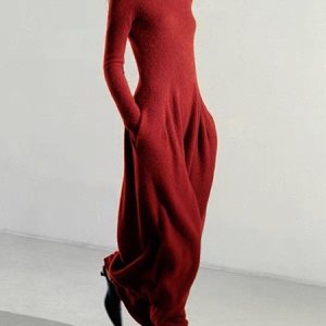 Urban Turtleneck Long Sleeve Plain Pockets Sweater  Dress, Maxi Dresses, color:Red|size:XXL, Stylewe