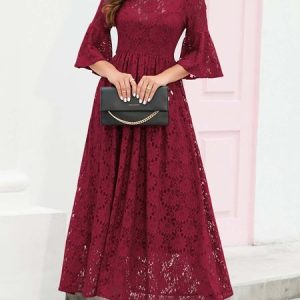 Women Plain Three Quarter Sleeve Comfy Party Maxi Dress, Dresses, color:Wine Red|size:XXL, Noracora