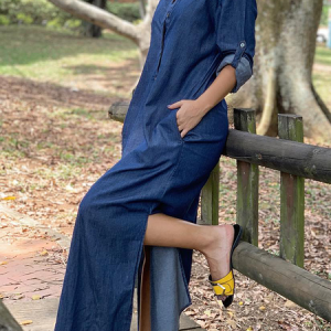 Loose Urban Plain Shirt Collar Long sleeve Denim Maxi Dress, Maxi Dresses, color:Denim Blue|size:XXL, Stylewe