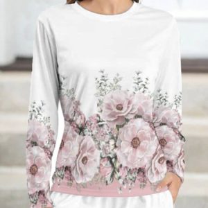 Casual Floral Crew Neck Long Sleeve T-shirt, T-shirts, color:Pink|size:5XL, Noracora
