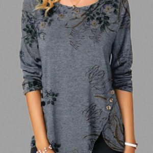 Women Casual Floral Printed Long Sleeve Crew Neck Tunic Top With Irregular Hem, T-Shirts, color:Gray|size:XXL, JustFashionNow