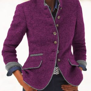 Solid Vintage Blazer Stand Collar Jacket, Jackets, color:Burgundy|size:XXL, JustFashionNow