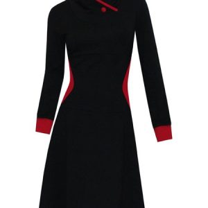Black Stand Collar Solid Long Sleeve Casual Knitting Dress, Basic Dresses, color:Black|size:XXL, JustFashionNow