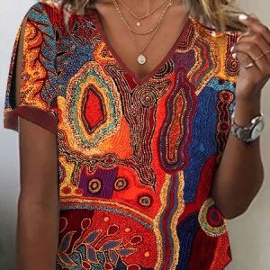 Casual Ethnic Loose Knit T-Shirt, Shirts & Blouses, color:Red|size:XXL, JustFashionNow
