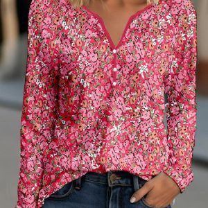 Casual Floral Notched Long Sleeve T-shirt, T-shirts, color:Red|size:XXL, Noracora