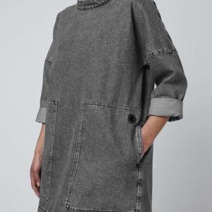 Casual Pockets Long Sleeve Denim Dress, Short, color:Gray|size:5XL, Noracora