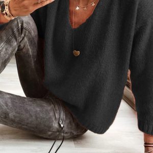Woman Wool blend Casual V Neck Plain Sweater, Sweaters, color:Black|size:3XL, Noracora
