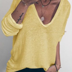 Casual Solid V Neck T-shirt, T-Shirts, color:Yellow|size:3XL, JustFashionNow