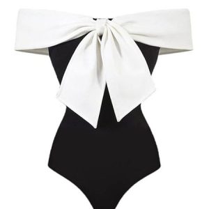 Elegant Bow Boat Neck Plain One-Piece, One-Pieces, color:Black|size:XXL, Stylewe